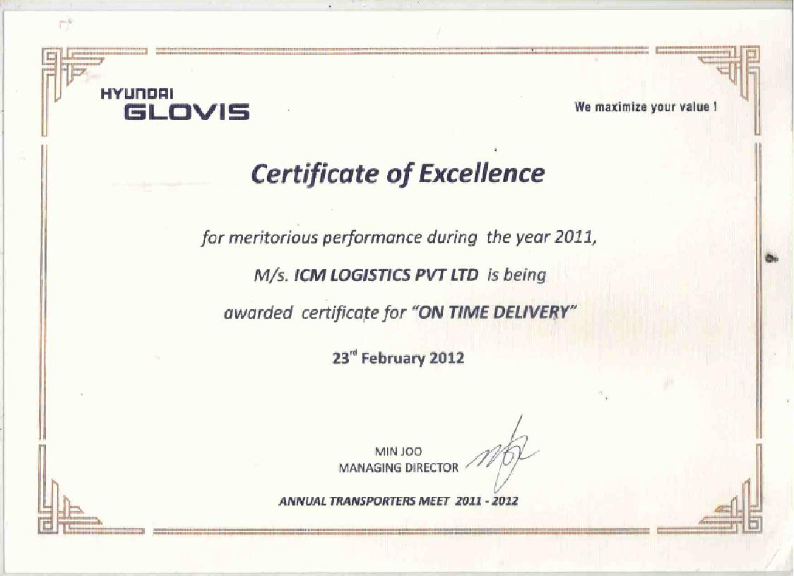 Hyundai Glovis Certificate of Excellence