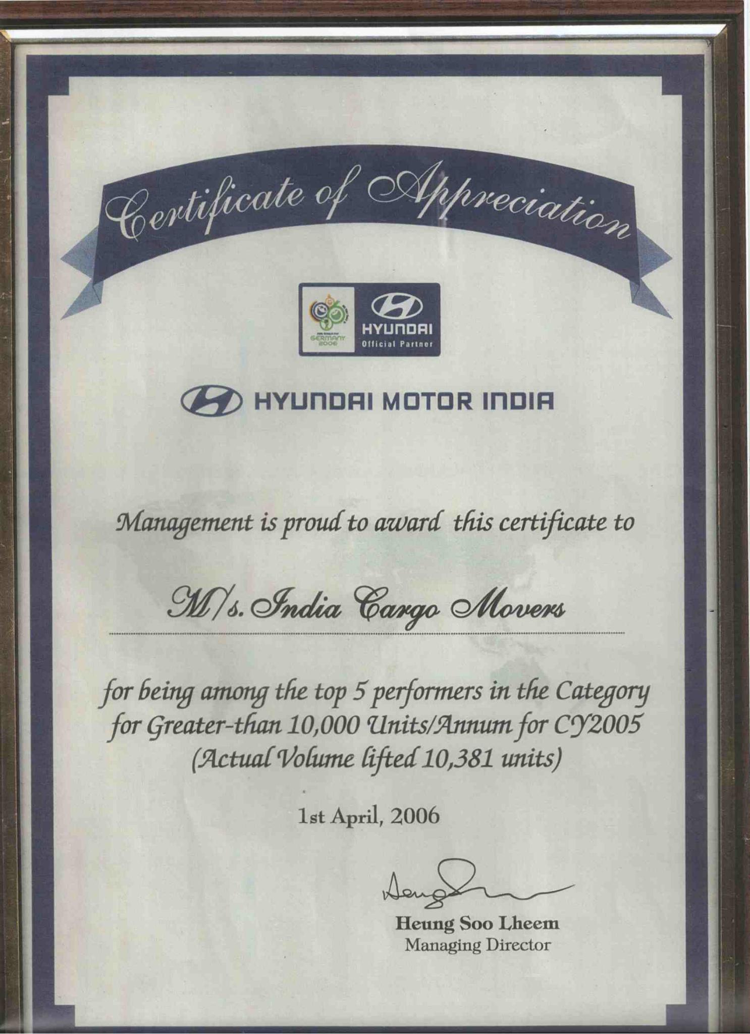 Hyundai Motor India Certificate of Appreciation