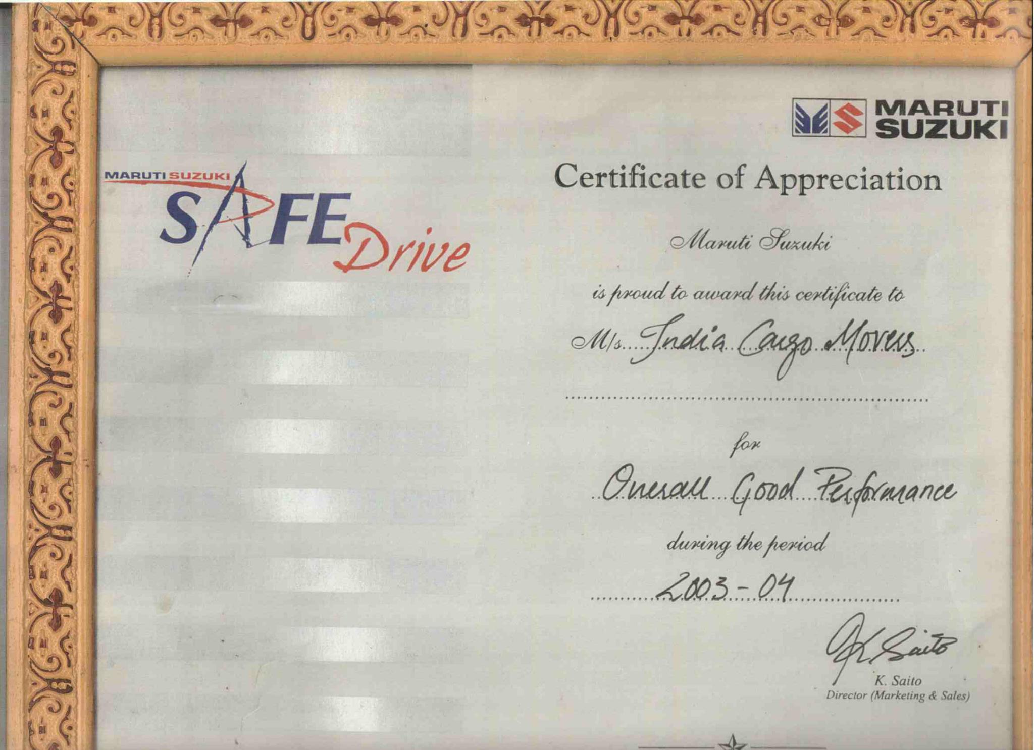 Maruti Suzuki Safe Drive Certificate